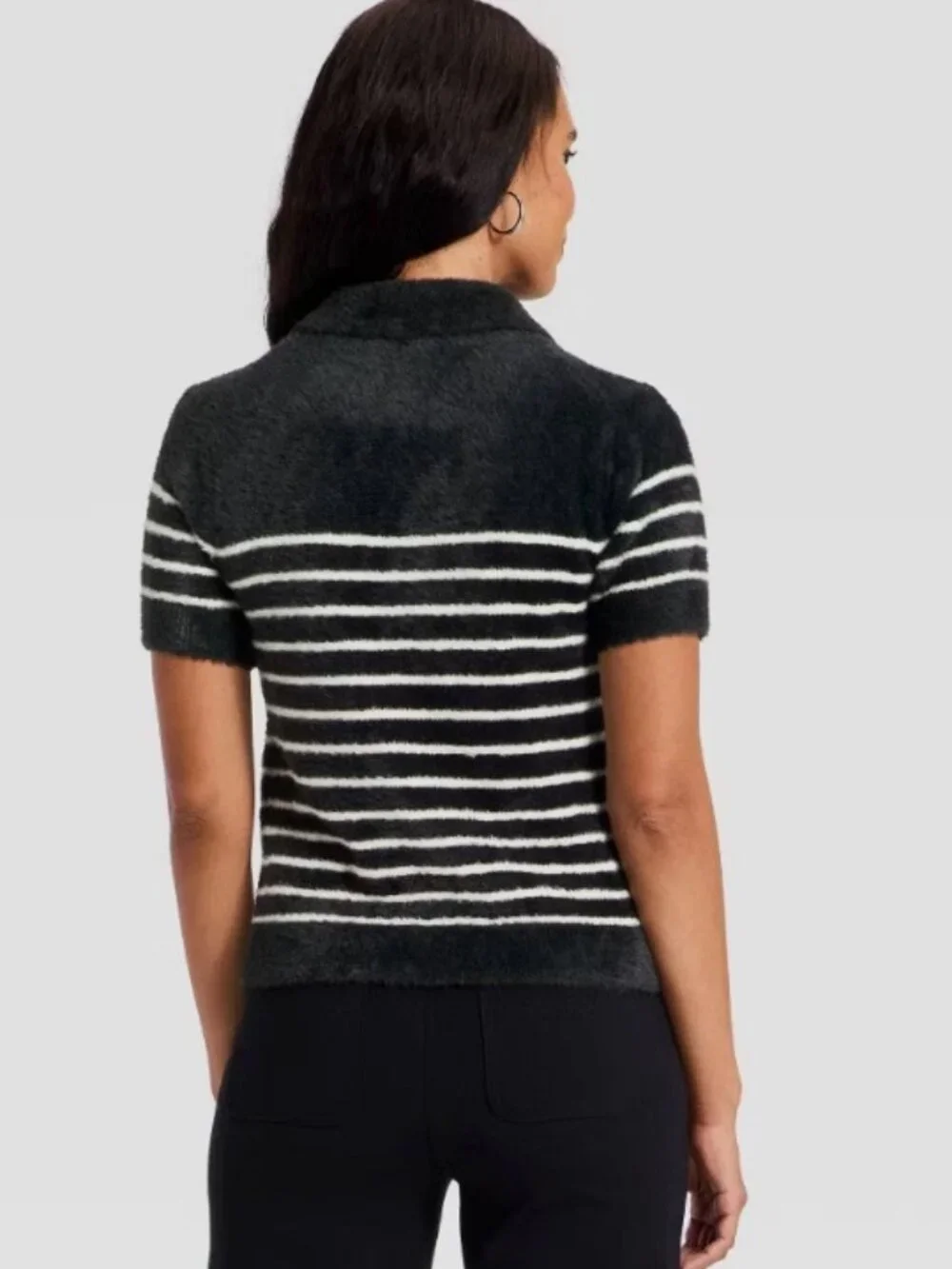 FUZZY Striped Short-Sleeve Polo Top - Black & White